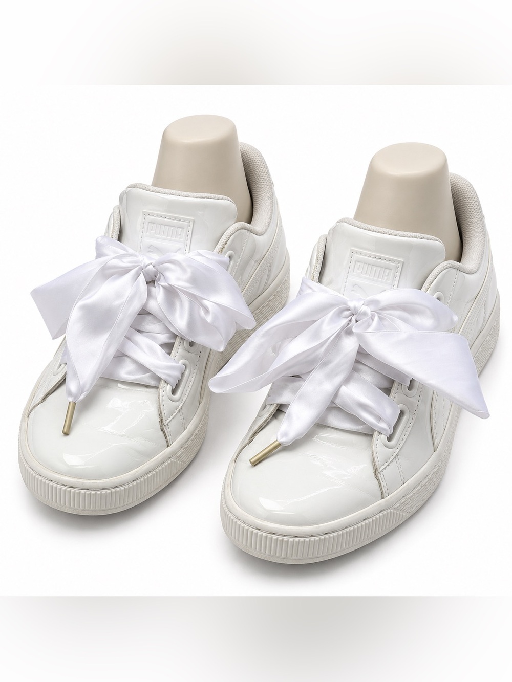 PUMA Basket White Patent Sneakers Satin Ribbon Laces Women’s 7.5 Rare